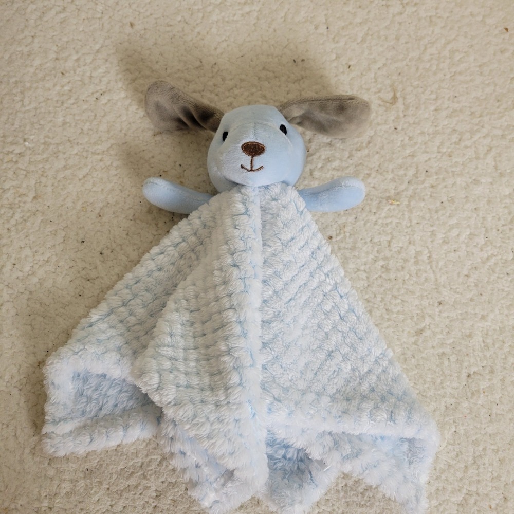 Okie Dokie Blue Puppy Lovey Security Blanket Plush Snuggler 14x14 Waffle Fleece